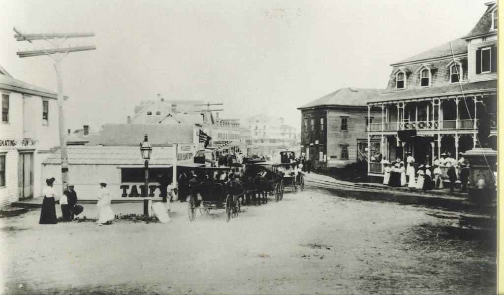 View down Water Street in the late 1880s when the building housed the roller-skating rink. Block Island Taffy was produced and served to the right of the future Empire Theatre.